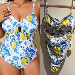 Blue and Yellow lemon print amalfi inspired  One Piece Swimsuit with cut out